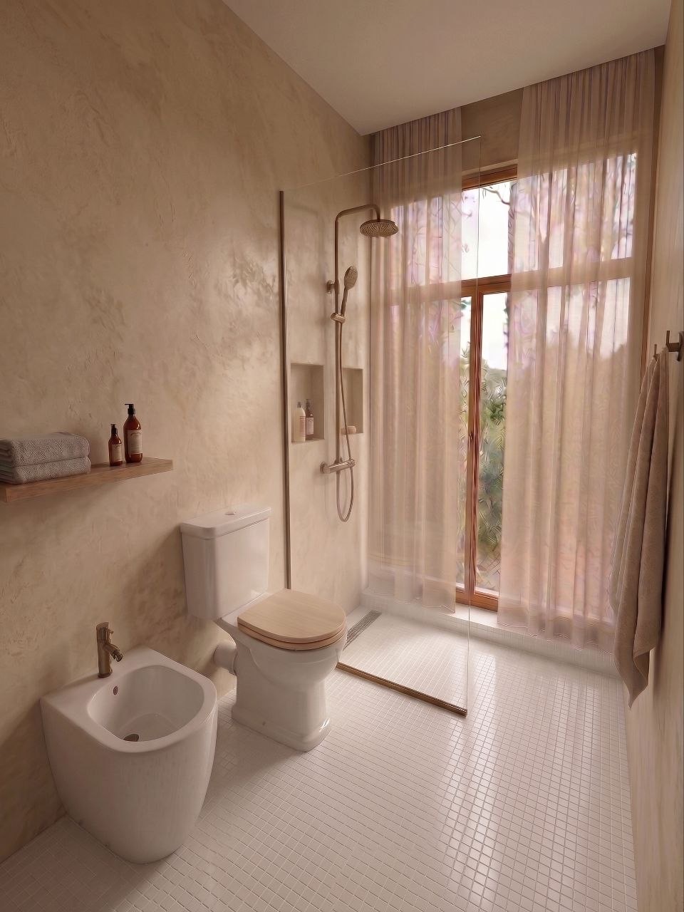 Baño con revestimiento natural y vista al verde