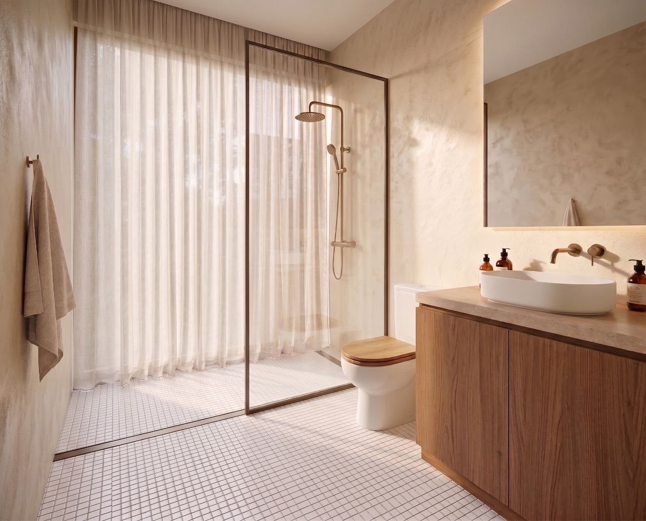 Baño con mueble de madera y grifería de bronce