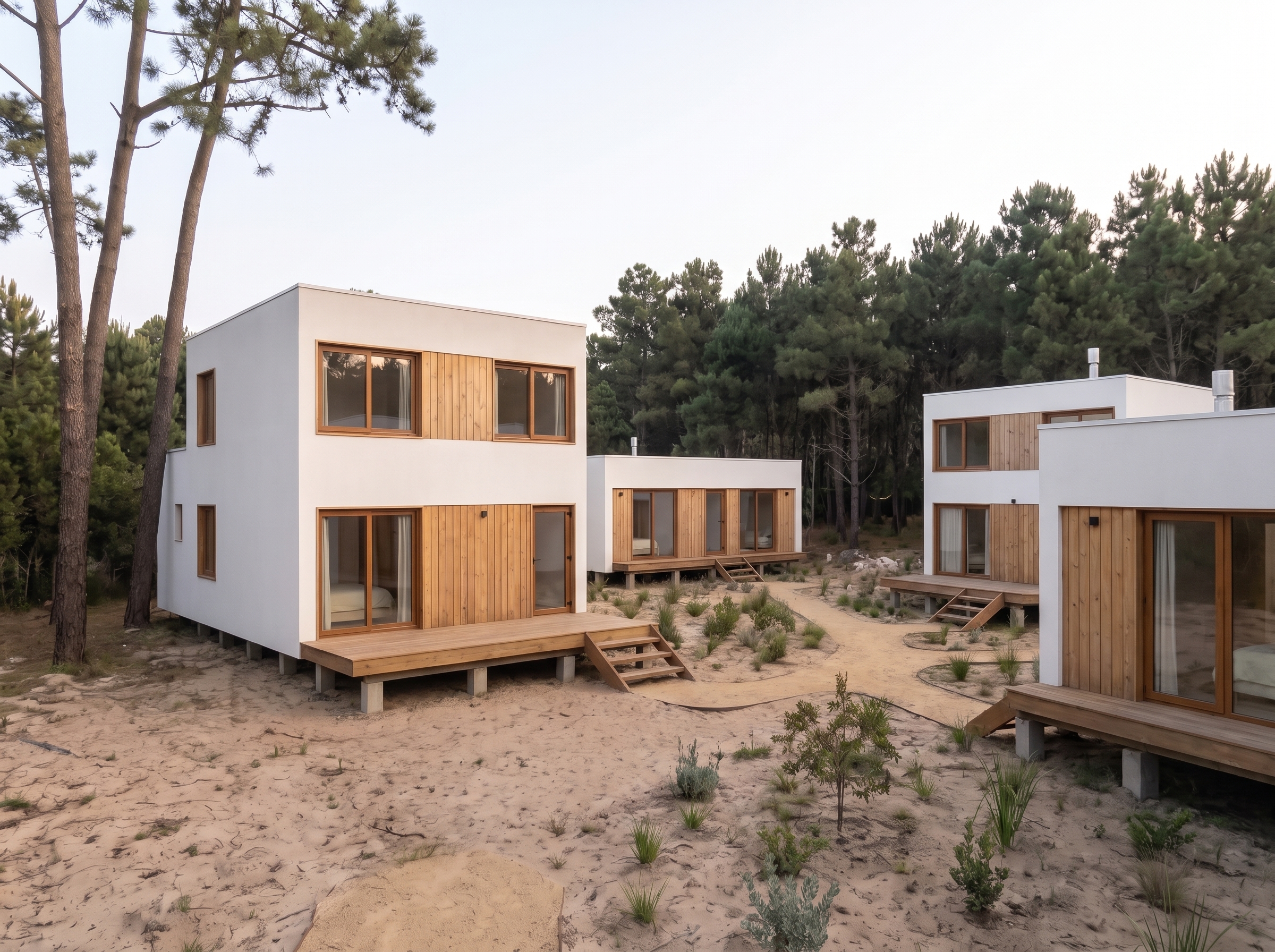 Fachada actual con deck y madera natural