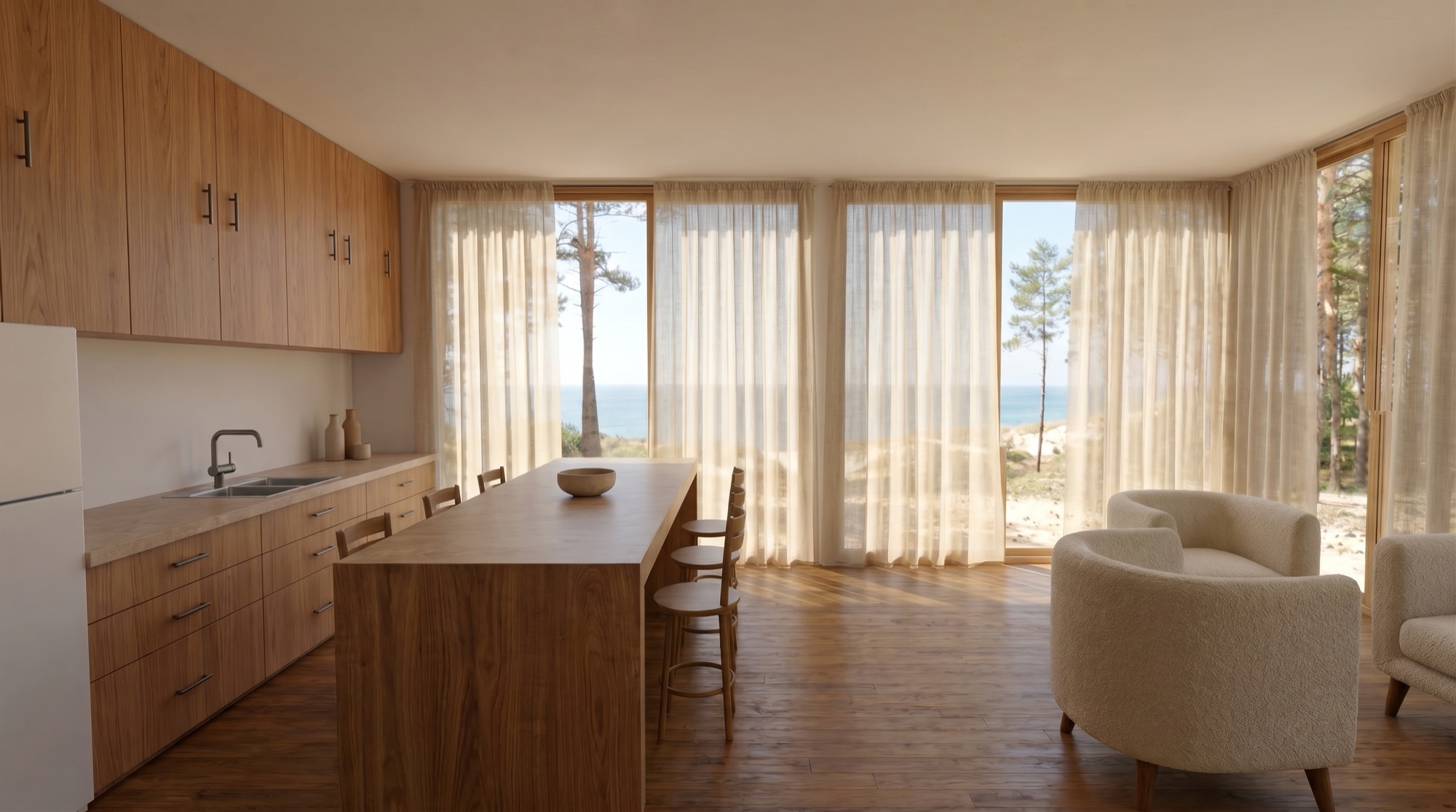 Cocina integrada con madera natural y vista a los pinos
