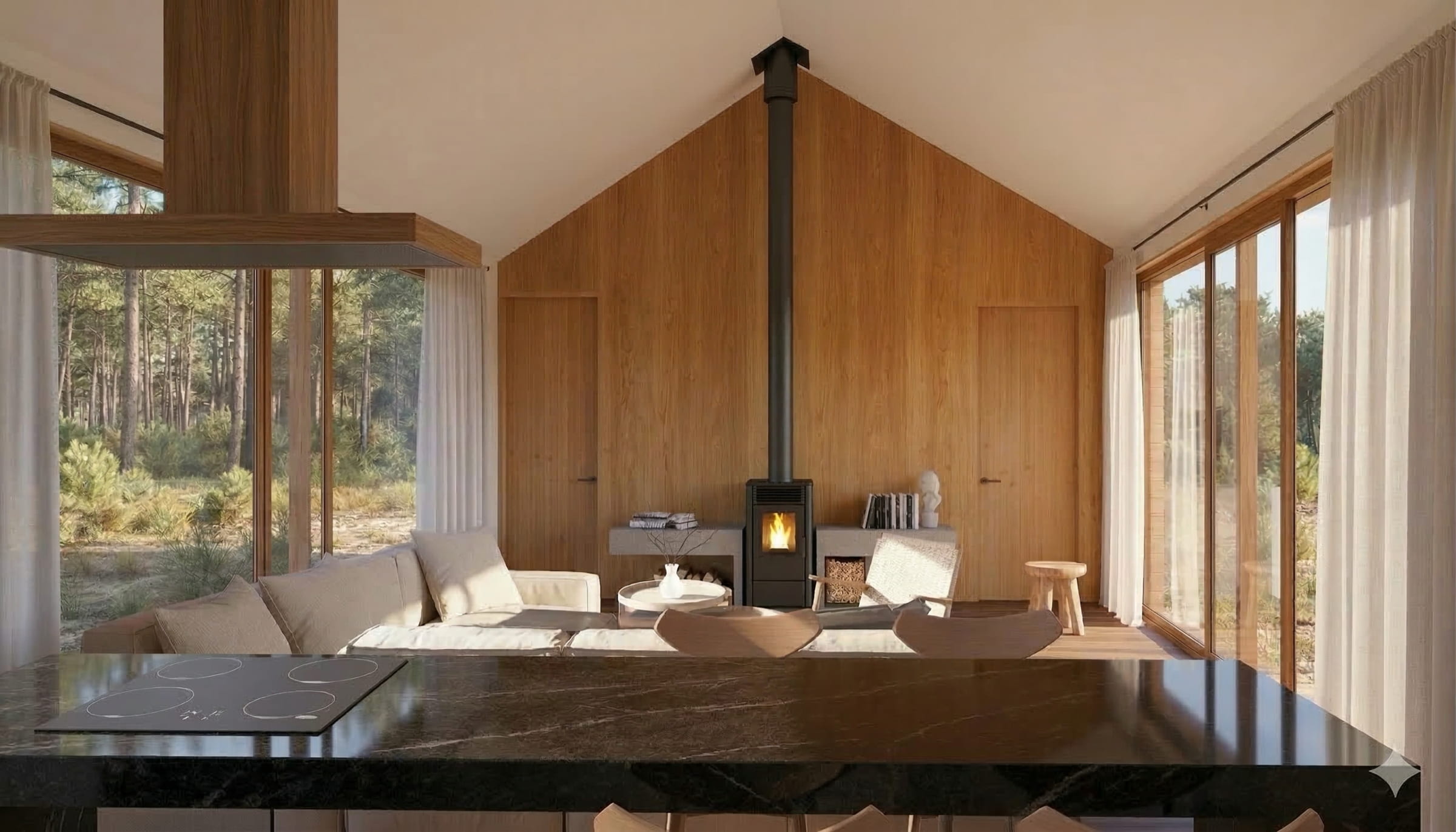 Living interior con chimenea y vista al bosque