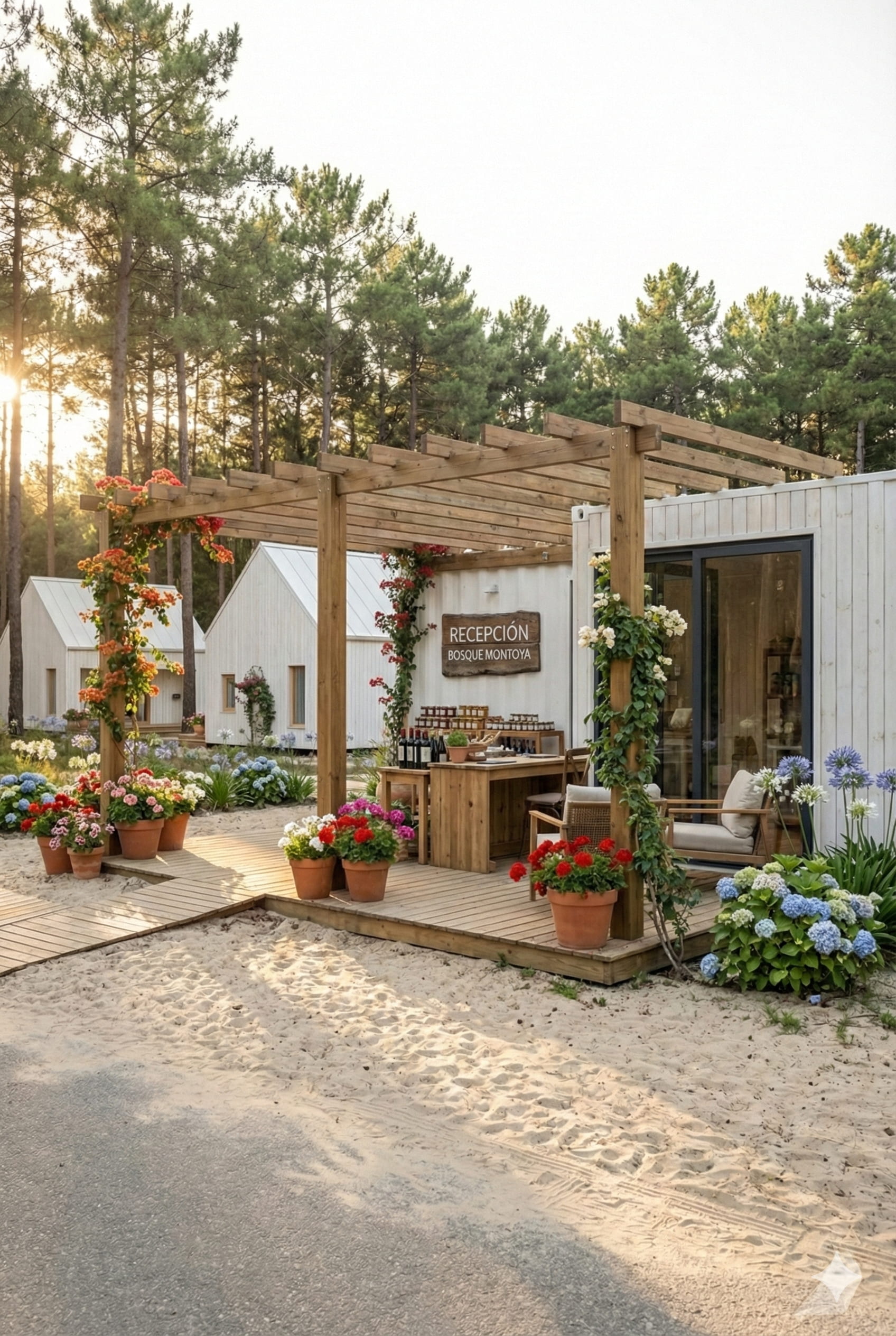 Recepción con pérgola y flores